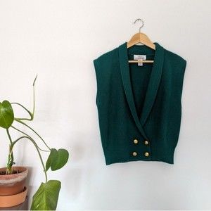 80s Vintage Deep V Crossover Teal Green Sweater Vest